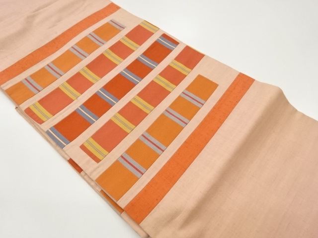 手織り紬切り嵌め横段に縞模様織出し名古屋帯